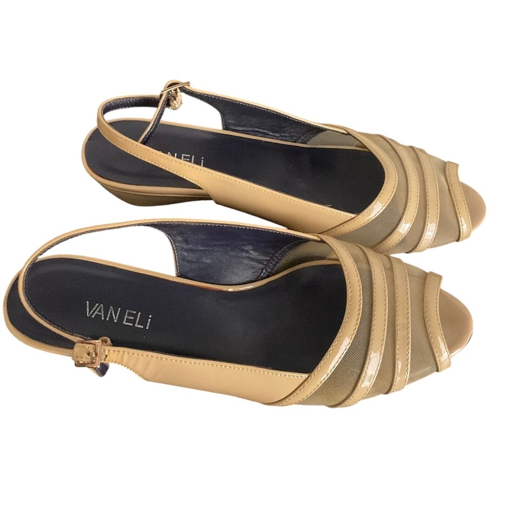 Vaneli S330 Tan Beige Patent Mesh Peep Toe‎ Slingback Wedge Sandals 9.5 M